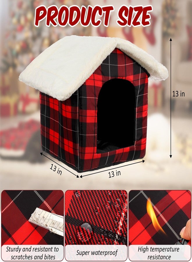 BrightRow 1 Pcs Christmas Cat House Red Plaid Buffalo Cat Bed Cave Winter Warm Waterproof Insulated Pet Dog House with Door Flap for Indoor Outdoor Feral Kitty Puppy - Image 2